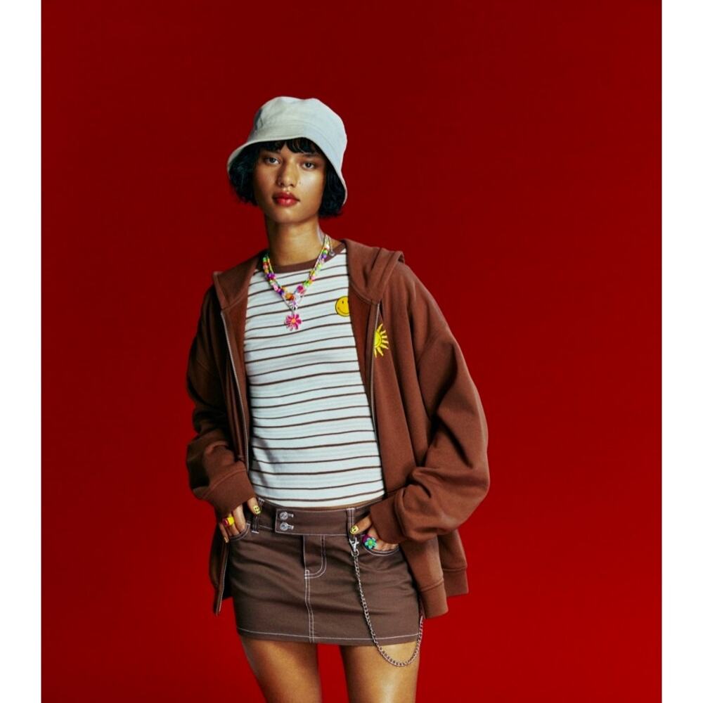 Smiley World x H&M Brown Sunshine Retro 70s Zip Up Hoodie Track Jacket SZ S